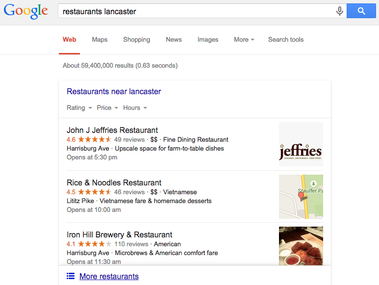 restaurant local search pack