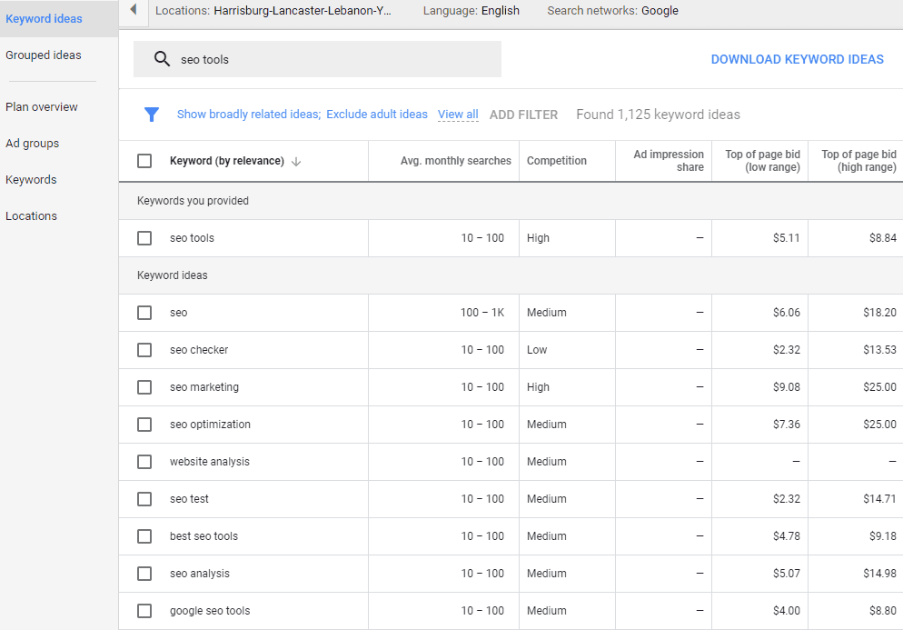 Keyword Planner screenshot