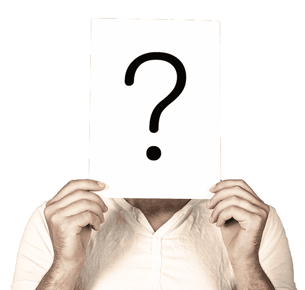 person holding a sign with a question mark in front of their face