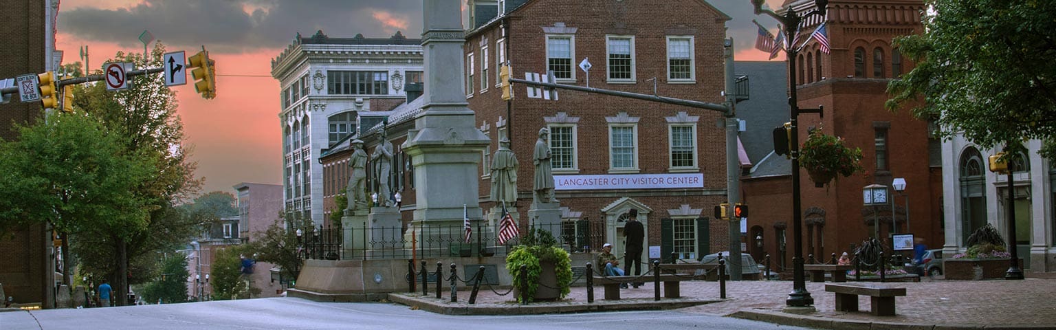 historic downtown Lancaster, Pennsylvania with blooming trees