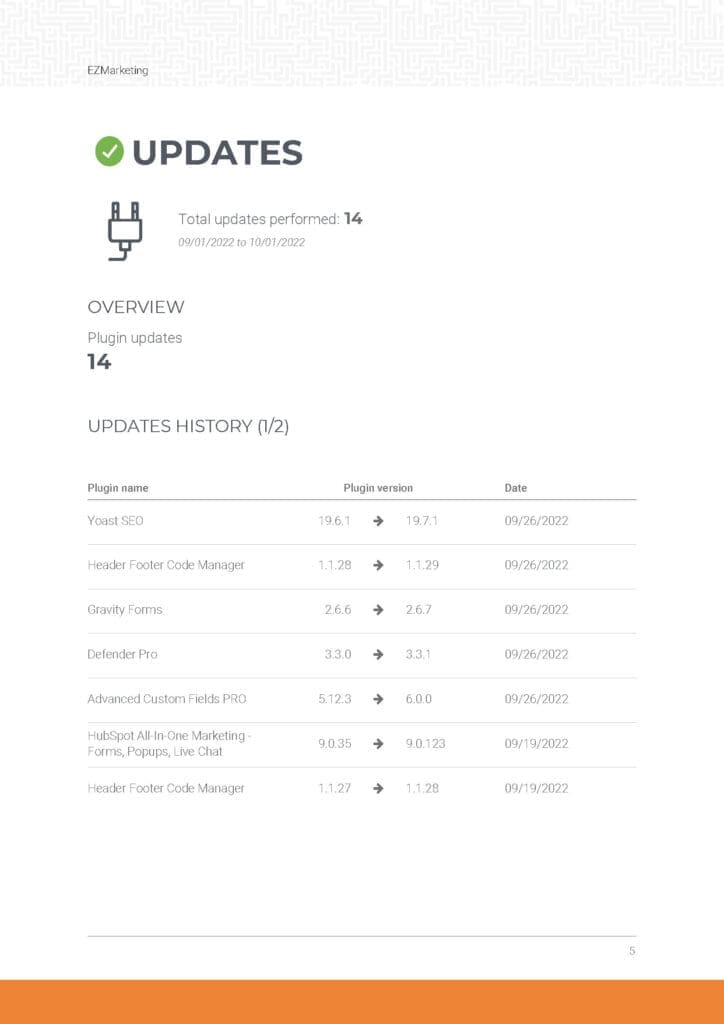 EZM WP Updates report example
