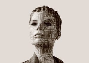 a woman with a digital pattern on her face